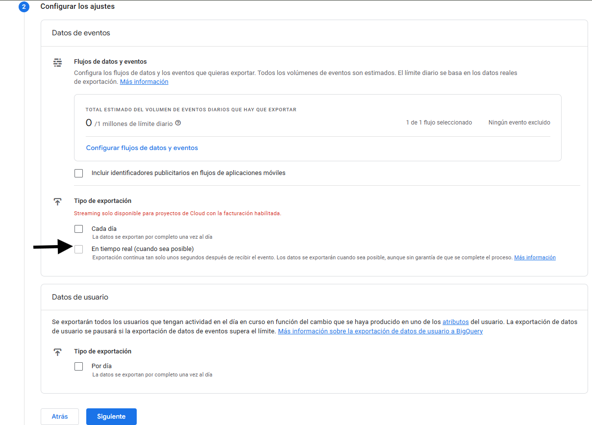 Configurar la exportación de datos 