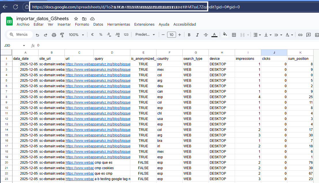 seleccionar url del Google Sheet