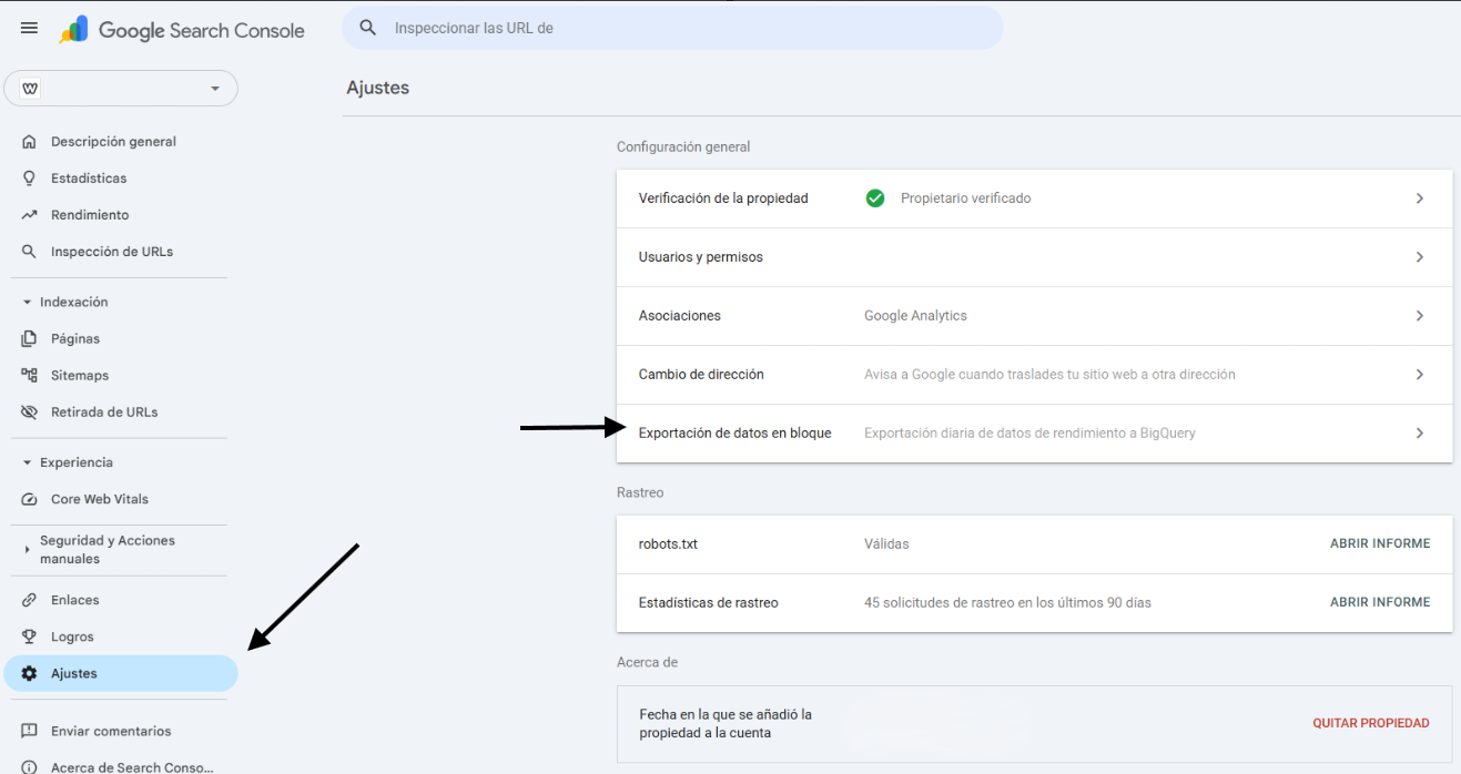 Google Search Console, ajustes exportacion en bloque a BigQuery