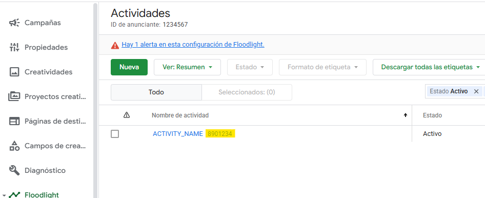 cm360-eventStream donde encontrar el Floodlight Activity ID